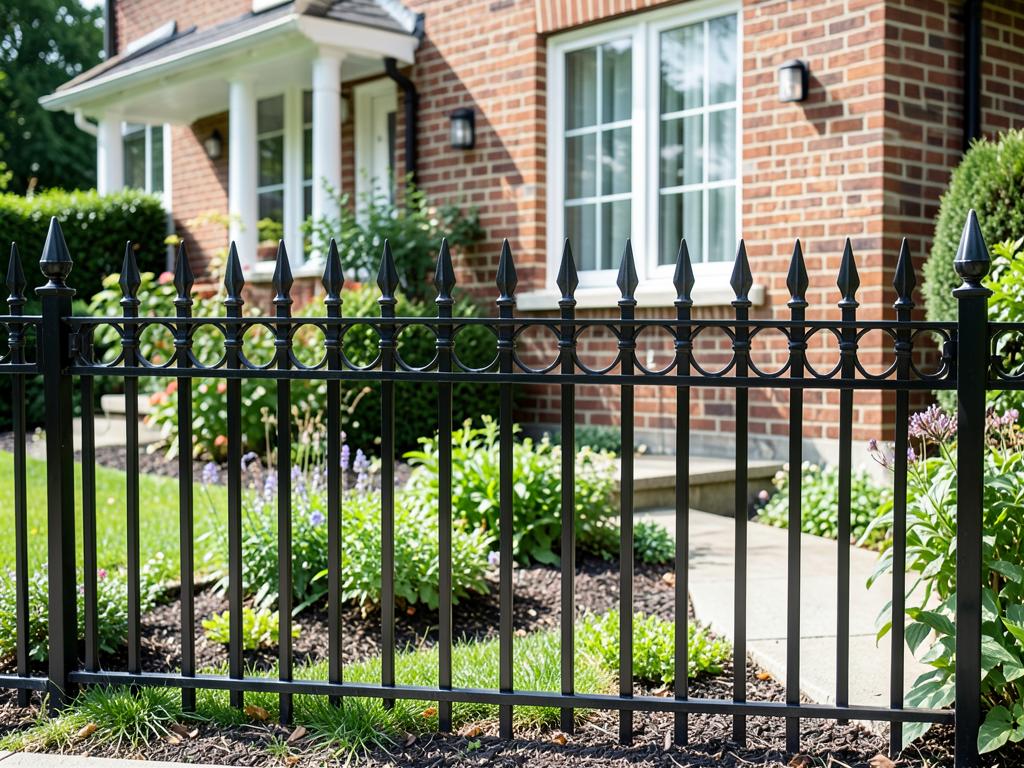 Black ornamental aluminum fence installed in front of a brick home