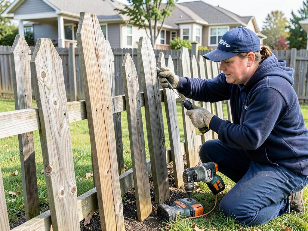 Fence contractor repairing a leaning wooden fence panel